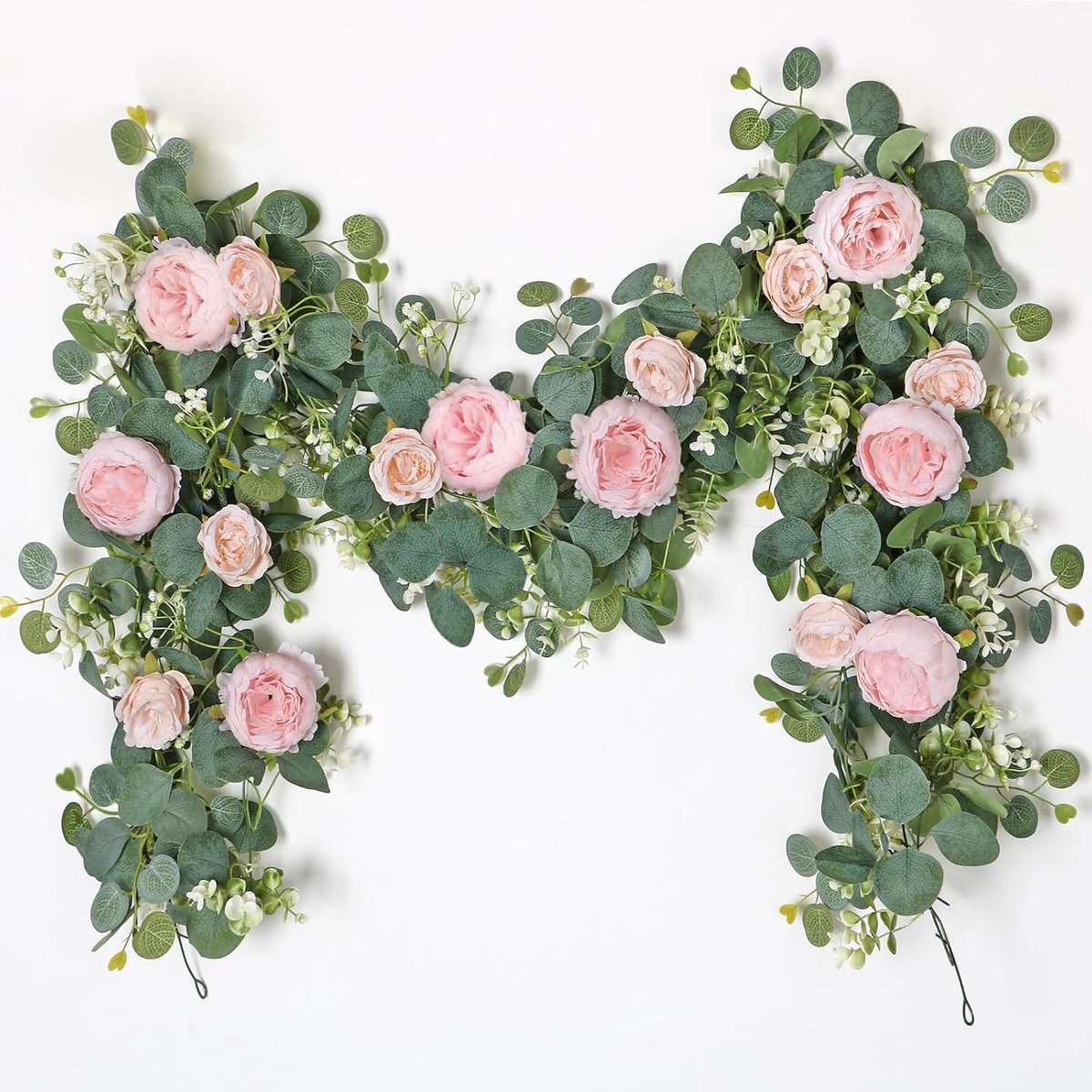 Kunstmatige eucalyptus bloemenslinger van 2 cm met nep-roos bloem wijnstok gezaaid eucalyptusbladeren groen slinger voor bruiloft tafel achtergrond feest middelpunt kamerdecoratie (lichtroze)