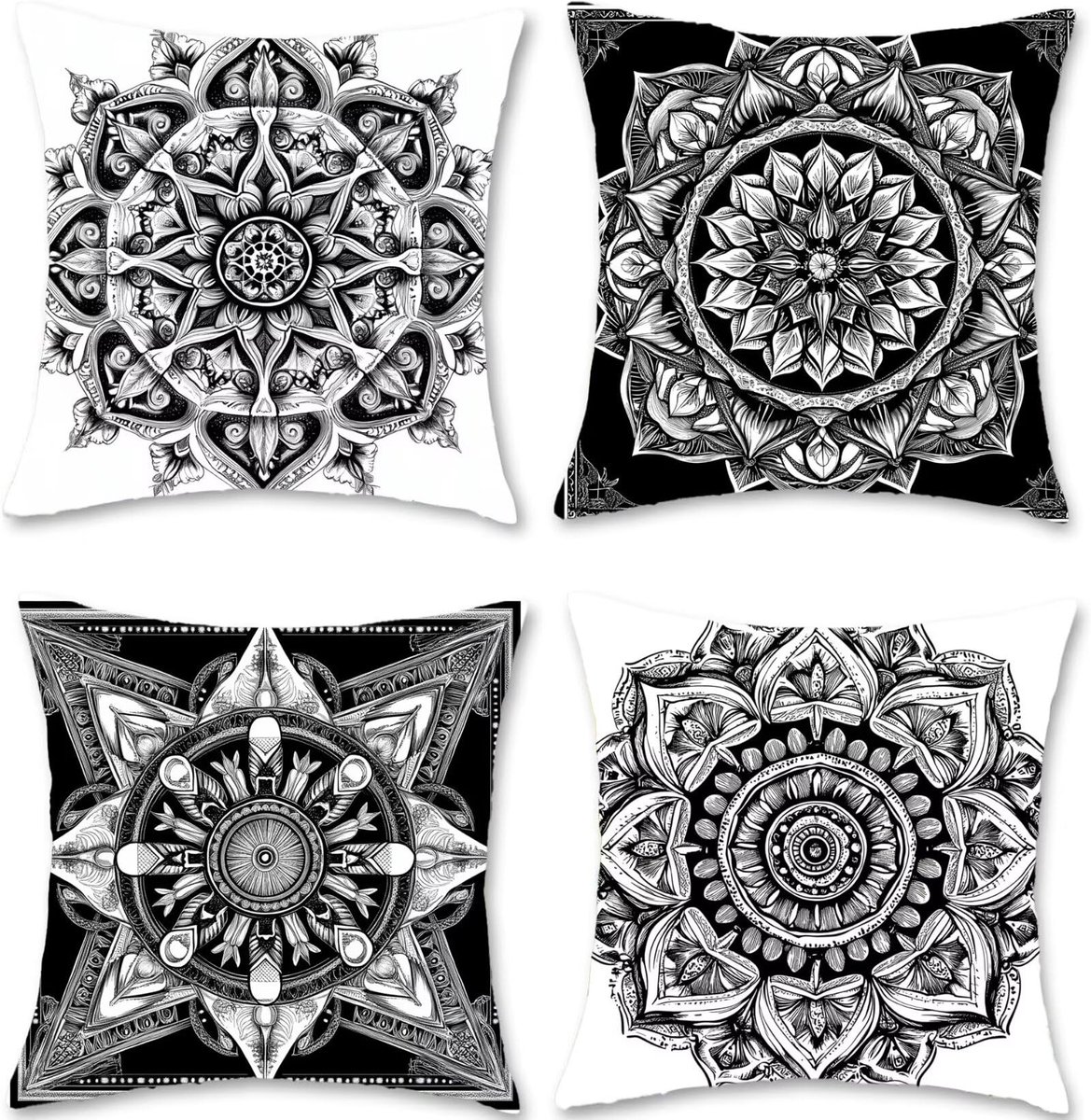 Kussensloop, 50 x 50 cm, zwart, bankkussen, waterdicht, linnen mandala, kussenovertrek, set van 4 decoratieve kussens met verborgen ritssluiting, voor bank, woonkamer, thuis, decoratie S1-462