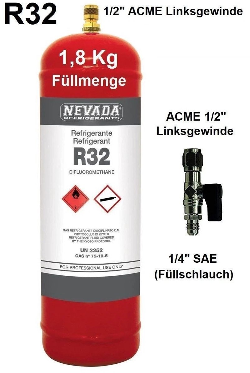 1x R32-koelmiddelgasfles - 2300 ml (nettogewicht 1800 g) met 1/4 inch kraan