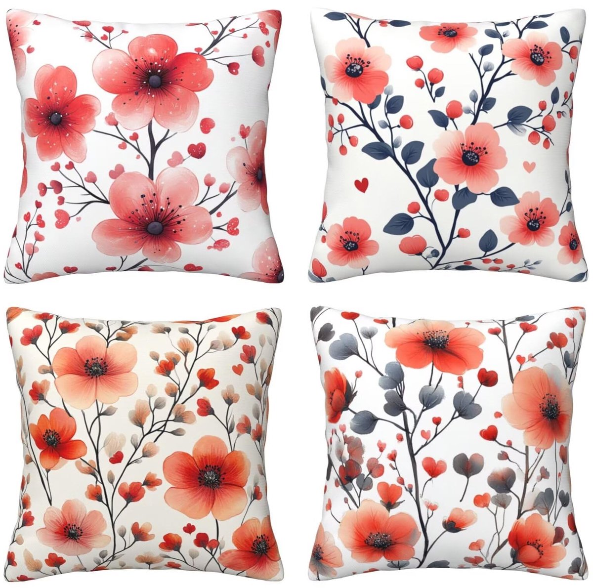 Set van 4 kussenslopen, sierkussenhoezen, roze bloemen, 65 x 65 cm, behaaglijk, kussenhoes met onzichtbare ritssluiting, zacht, wollig, bankkussen, wasbaar, voor terras, tuin, bank en woonkamer
