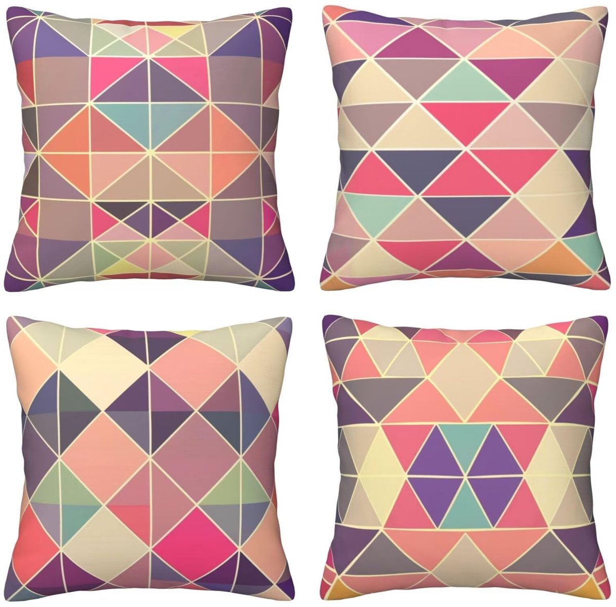 Set van 4 kussenhoezen, sierkussenovertrekken, gekleurde driehoek, 65 x 65 cm, behaaglijk, kussenhoes met onzichtbare ritssluiting, zacht, wollig, bankkussen, wasbaar, voor terras, tuin, bank en