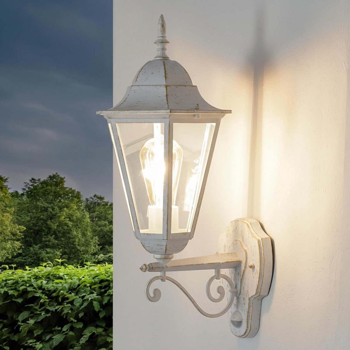 Buitenlamp met bewegingsmelder Aluminium Glas in wit-goud IP44 Balkon Tuin T:28,5 E27 Lantaarn Retro Outdoor Wandlamp Binnenplaats BRISTOL