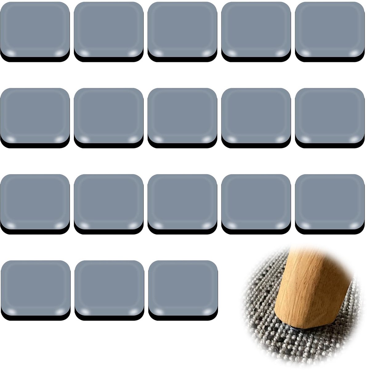 Meubelglijders, 25 x 25 mm/Ø 19 mm, teflon meubelpoten, PTFE, verplaatsen van zware meubels (vierkant-18)