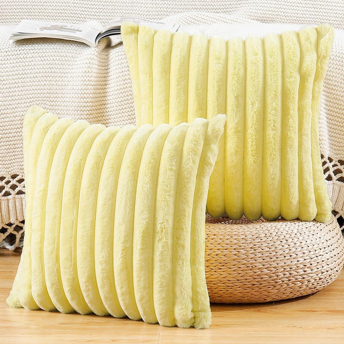 Set van 2 namaakwollen pluche decoratieve kussenslopen fluffy zachte decoratieve kussenhoes voor bank slaapkamer kussensloop 40x40 cm Geel