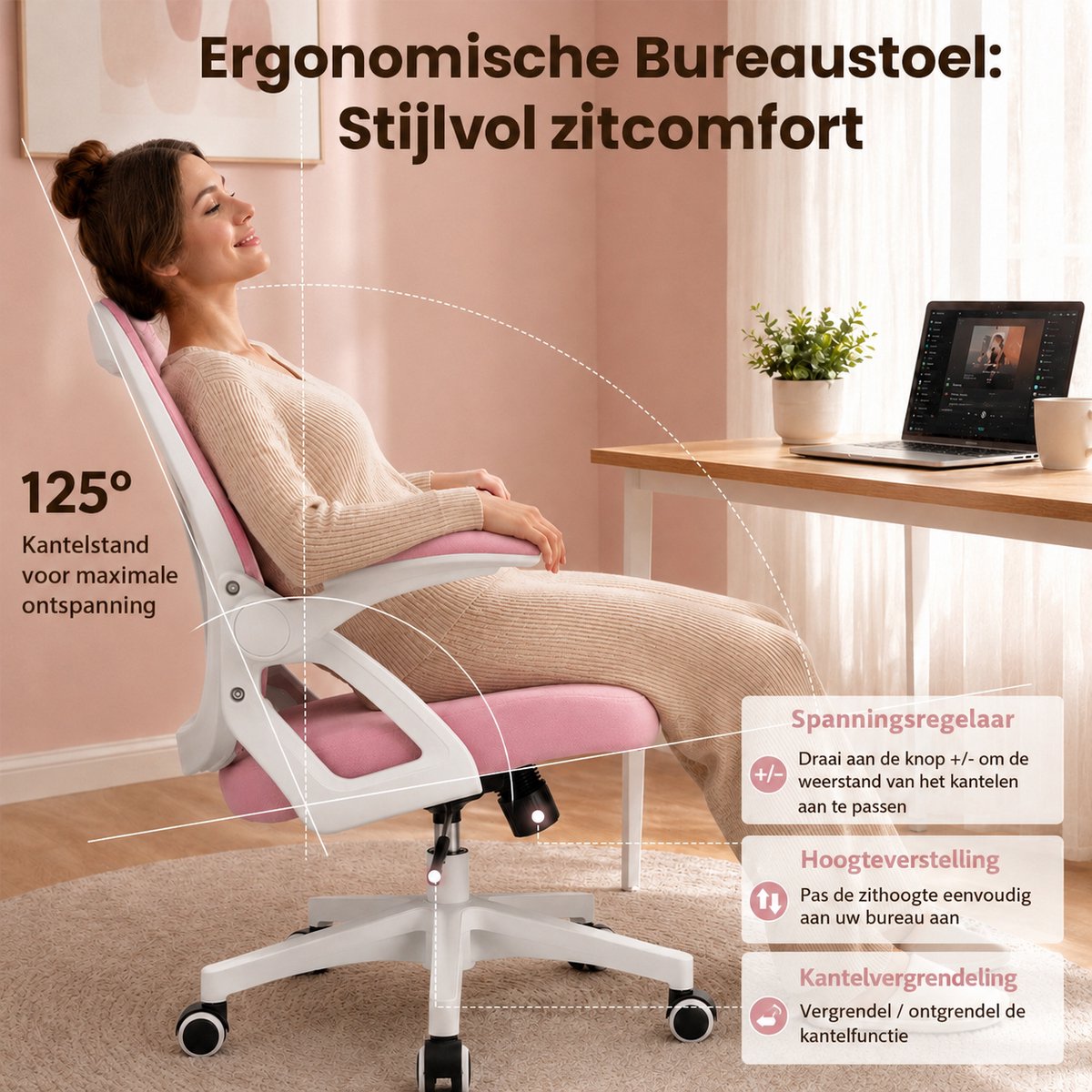 Milacyee Bureaustoel - Ergonomische Bureaustoel – Verstelbare Gaming/Computerstoel met Mesh Rug & Lendensteun – 90° Opklapbare Armleuningen – Directiestoel met Stille Wieltjes – Tot 130 kg Belasting - Roze - Geschikt voor thuiswerk en kantoor – foto 4