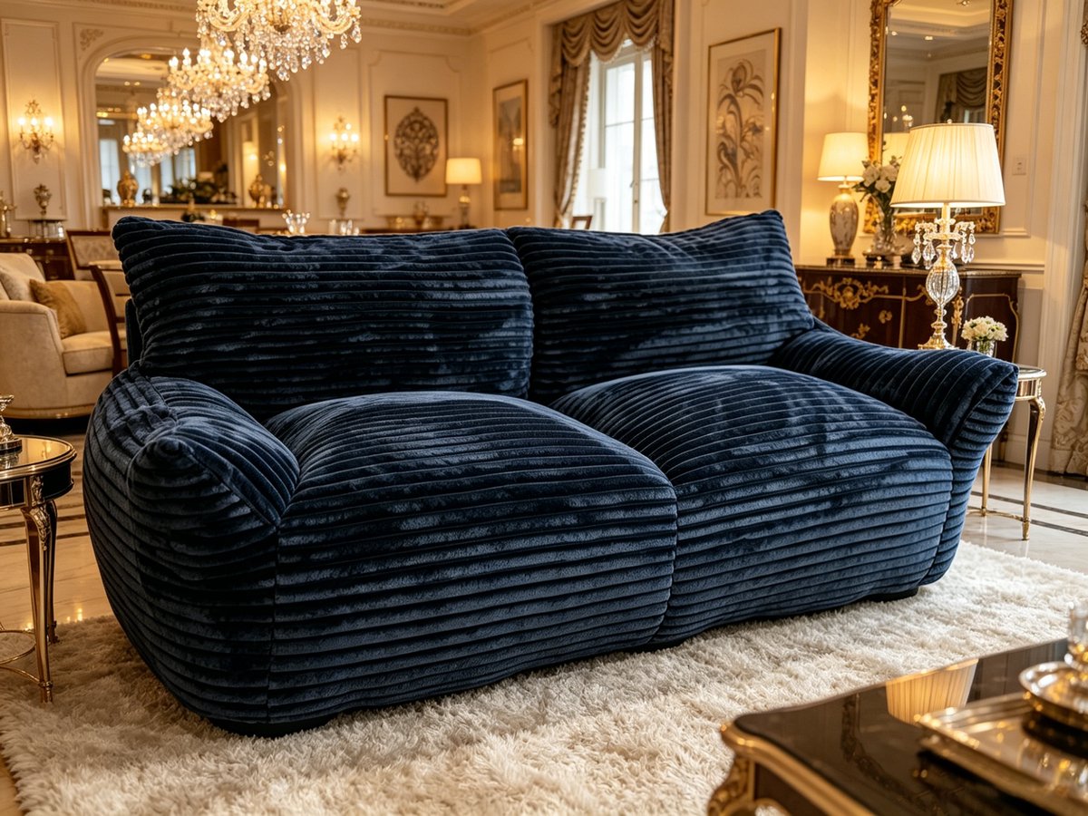 Effen donkerblauwe frameloze loveseat van corduroy Deze zachte huidvriendelijke en frameloze bank is perfect om in te relaxen en vormt een ideale keuze voor woonkamers appartementen of kantoren (210 x 102 x 80 cm);