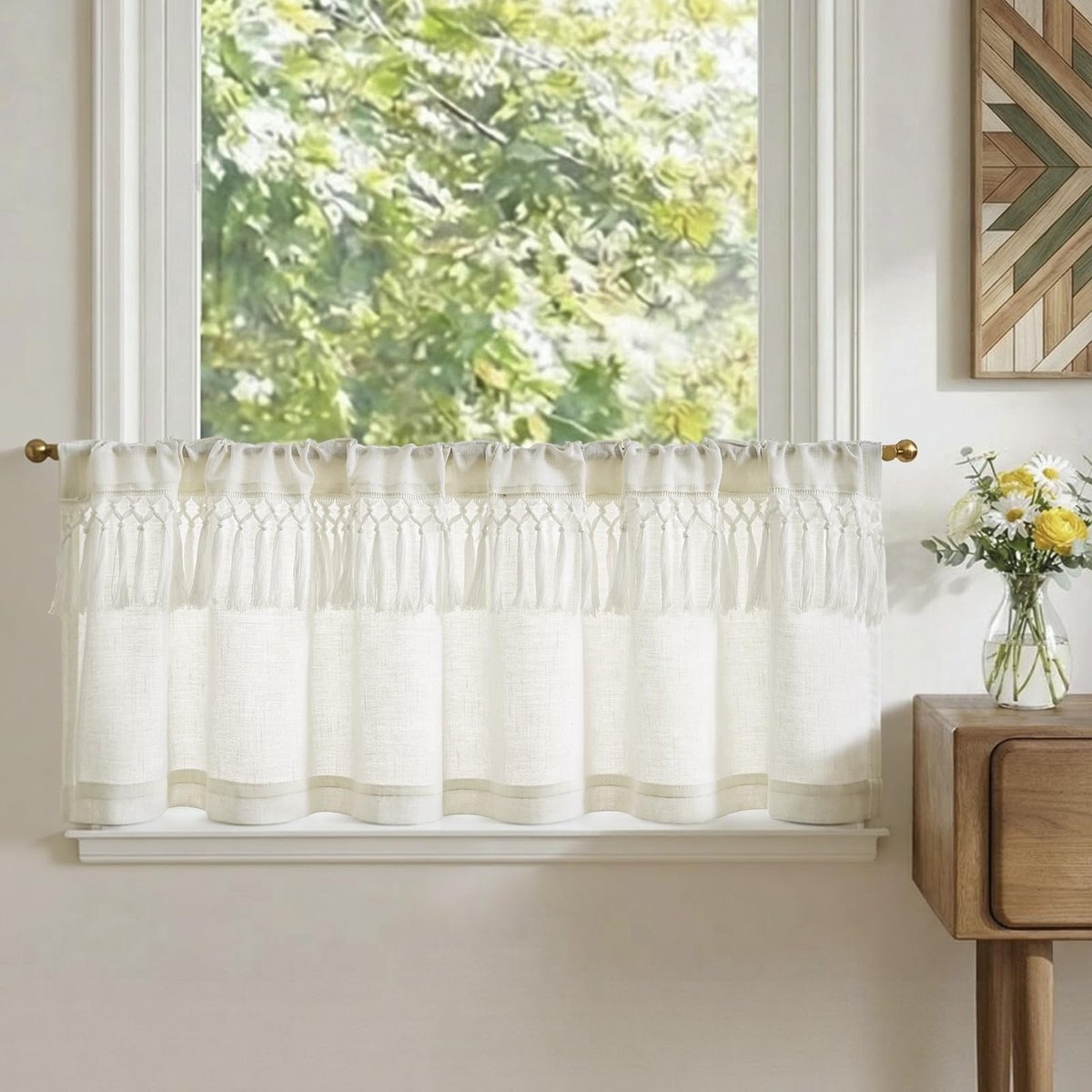 Vitrage keuken, linnen, bistrogordijn met tunnelzoom, beige, kanten rand, volant, voor caravans, kinderkamer, landhuisstijl, shabby chic, gordijnen, kort, lichtdoorlatend, 1-delige set, 125 x