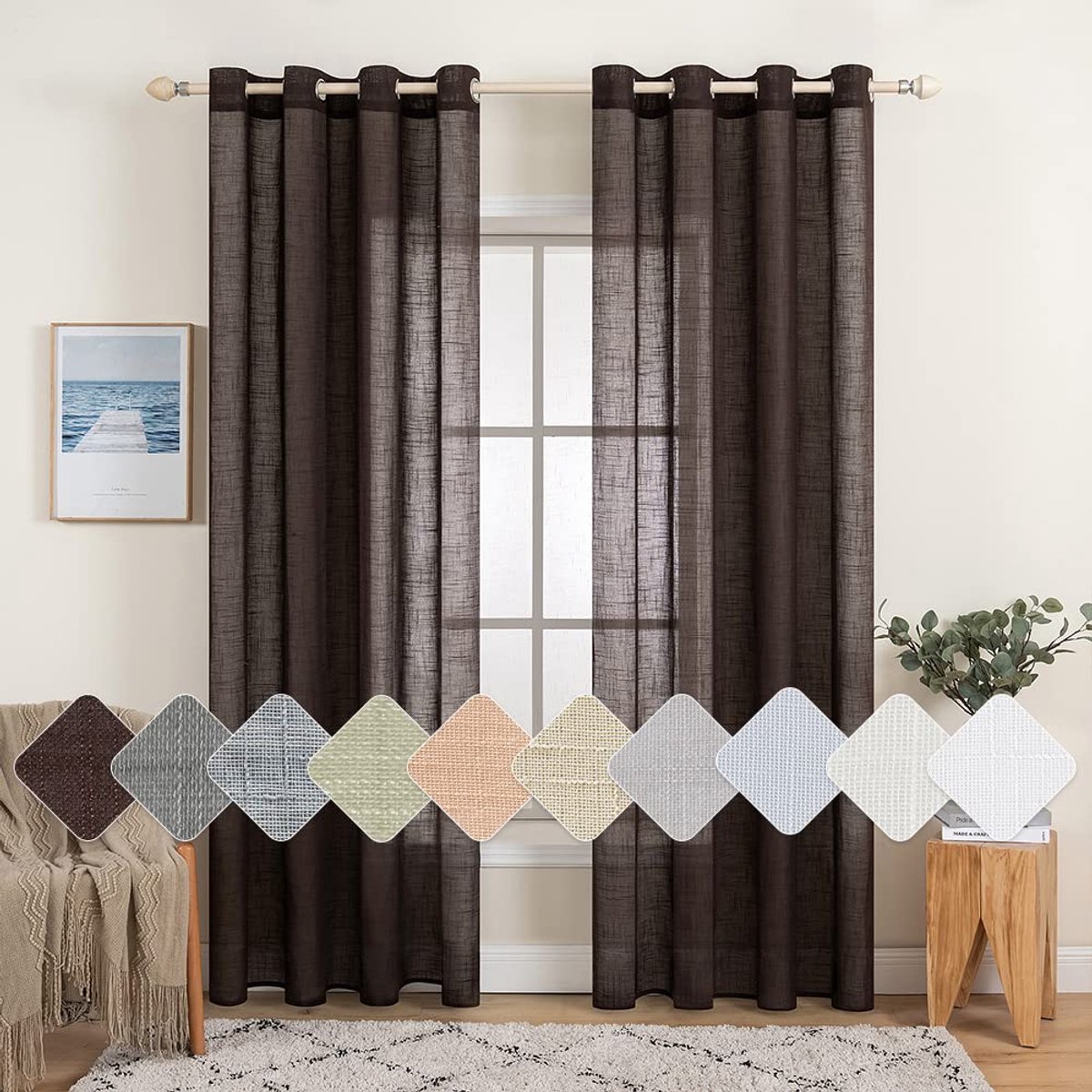 Set van 2 voile-gordijnen, met oogjes, transparant linnenlook, gordijn met ogen, voor woonkamer, luchtig, lichtdoorlatend, decoratief gordijn voor de slaapkamer, 140 x 260 cm (b x h), koffie