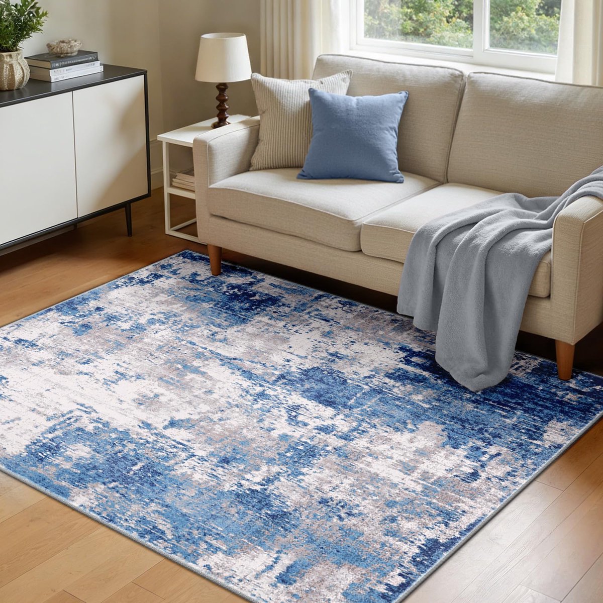Machinewasbare Tapijten 120x180 cm Moderne Abstracte Vloerkleed Laagpolig Antislip Tapijt met Print Patroon voor Woonkamer Slaapkamer Huiskontoor Binnenhuis Blauw/Grijs