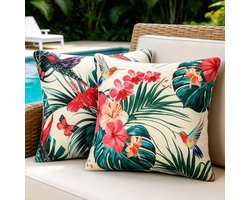 Set van 2 linnen kussenhoezen, 45 x 45 cm, bloemen, kolibrie, decoratieve kussenhoezen, outdoor, waterdicht, kleurrijk, sierkussenhoezen, zomer, waterdicht, sierkussen, sierkussen voor bank, tuin