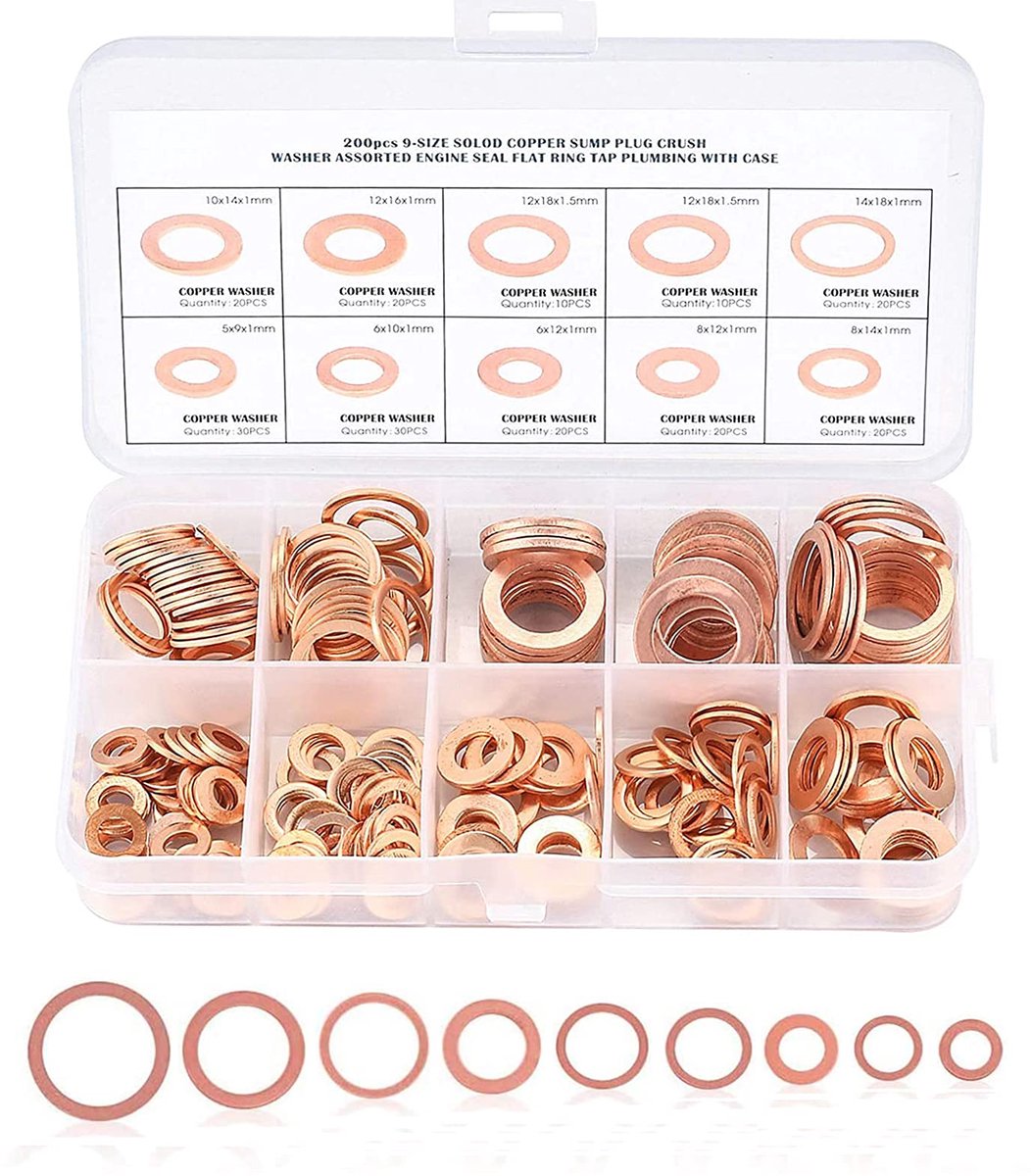 200 Stuks Ringen, Koperen Platte Afdichtingsring set, Afdichtingsring Koperen Afdichting Classificatie kit Combinatie, Met Doosschroefbevestigingen (M5 M6 M8 M10 M12 M14)