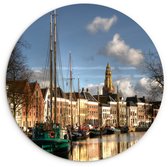 WallCircle® Wandcirkel 120x120 cm - Muurcirkel Groningen - Grachtenpand - Zeilboot - Muurdecoratie woonkamer - Wanddecoratie slaapkamer - Kamer decoratie accessoires - Ronde schilderijen XXL