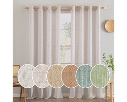 Gordijnen met oogjes, voile gordijn, kort, modern linnenlook, halftransparant, gordijn met ogen voor woonkamer, kinderkamer, ruimteverdeler, set, natuurlijk linnen, wit, 260 x 140 cm