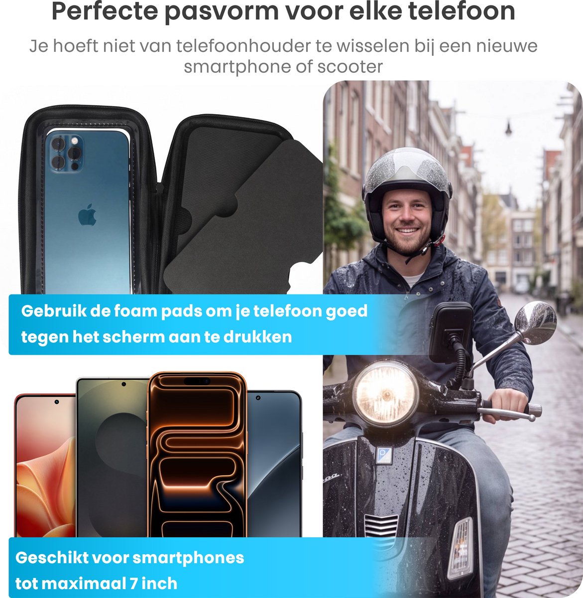 Telefoonhouder Scooter - Flexibel - Spiegel Bevestiging- Waterdicht - Draaibaar - GSM Houder - Ook voor motorfiets, brommer & rolstoel - Universeel – foto 7