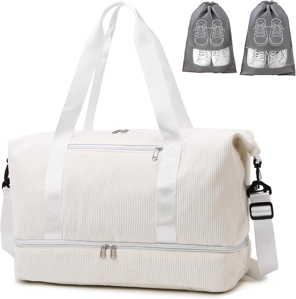 Sporttas, reistas voor dames, 35 liter, weekendtas, duffle bag met 2 schoenenzakken, schoenenvak en nat vak, corduroy strandtas, trainingstas, handbagage, tas voor gym, reizen, vakantie, beige