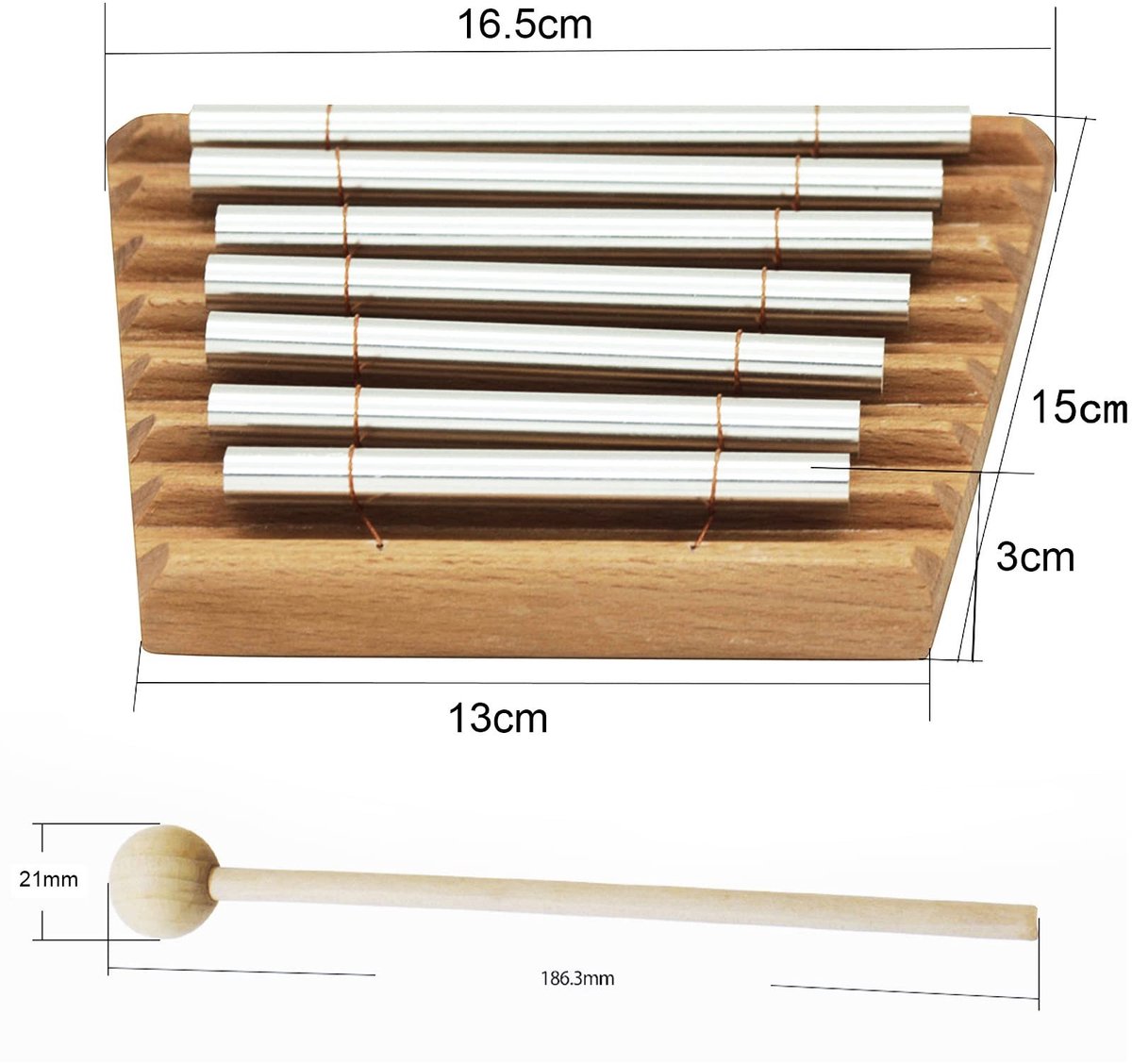 Dailygoods- Handchimes 7 Tonen - Percussie Instrument - Beuken/Metaal - 16,8 x 15 x 13 cm - Inclusief Klopstok - Duurzaam en Hoogwaardig - Windgong