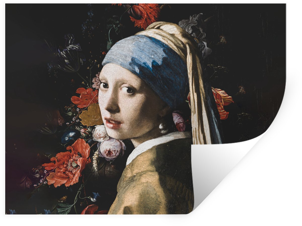 Muurstickers - Sticker Folie - Meisje met de parel - Vermeer - Bloemen - 160x120 cm - Plak