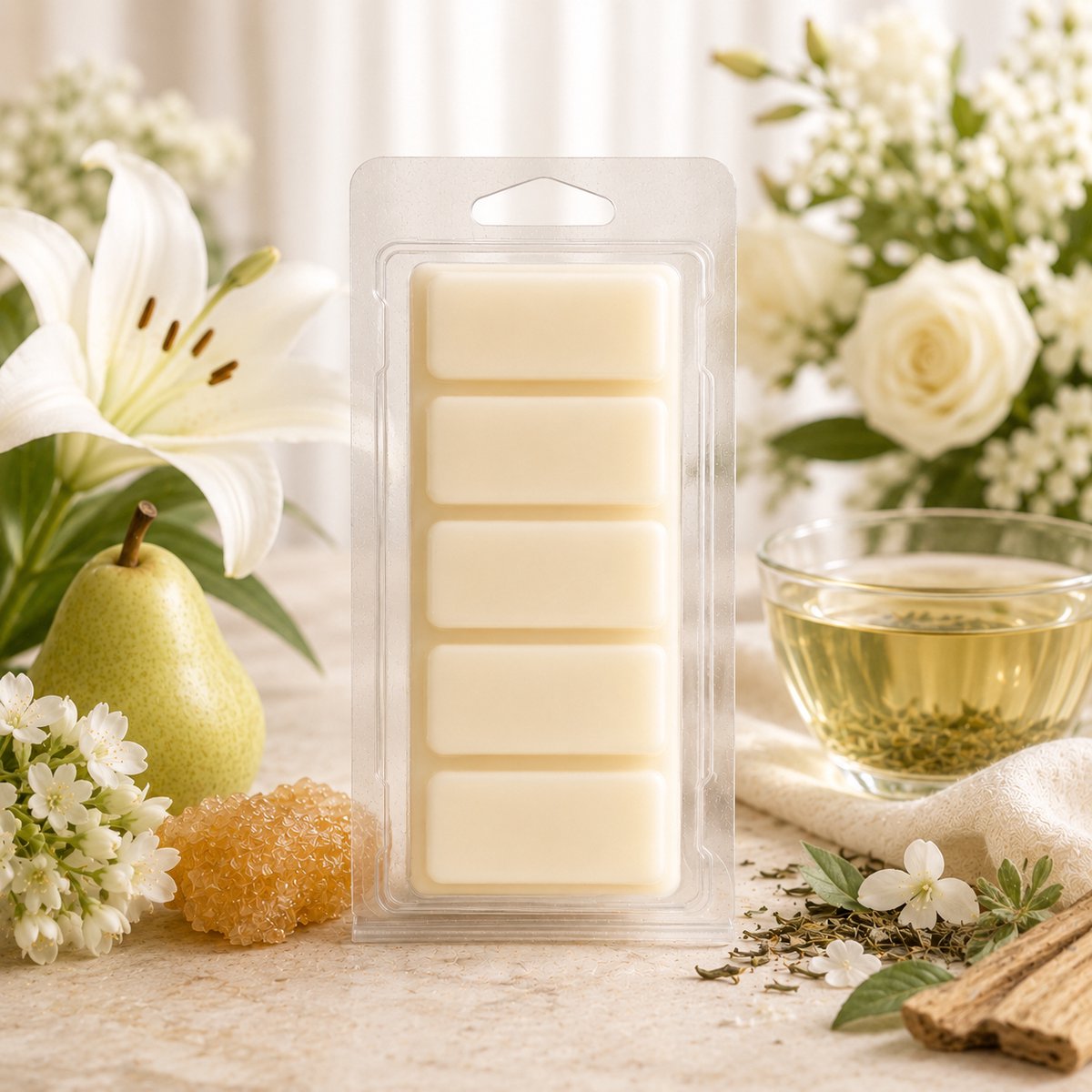 Waxmelts Tea Blossom - Snapbar - 55 gram - Sojawas - Handmade - Dierproefvrij - Vegan - Huisparfum - Voor in geurbrander - Waxbrander - Geur in huis - Wax melt - Geurkaars - Parfum