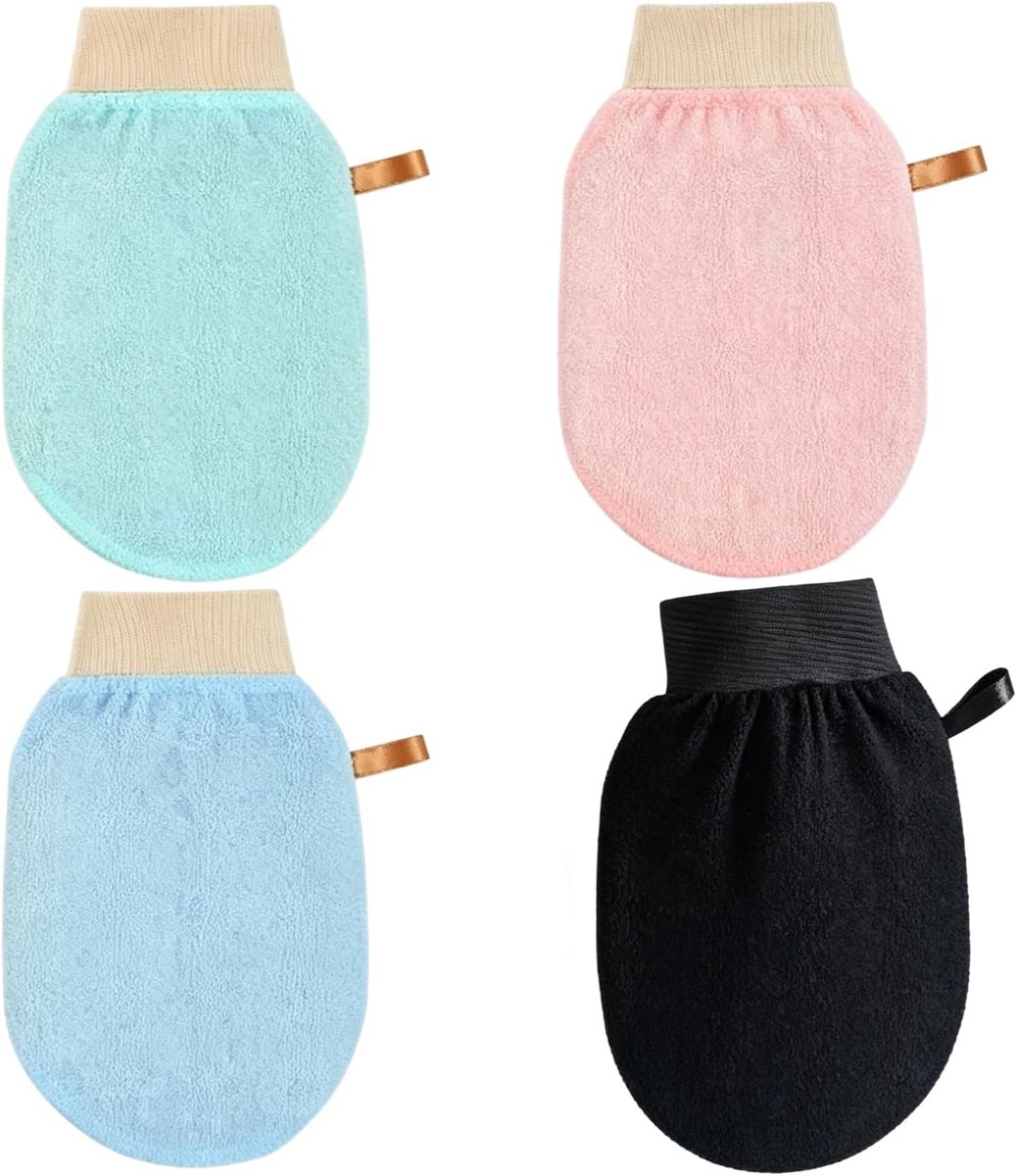 set van 4 exfoliatiehandschoenen voor douche en badkamer, douchehandschoenen, lichaamscrub, verwijdert dode huidcellen, herbruikbaar, voor een gladde huid, roze, zwart, groen