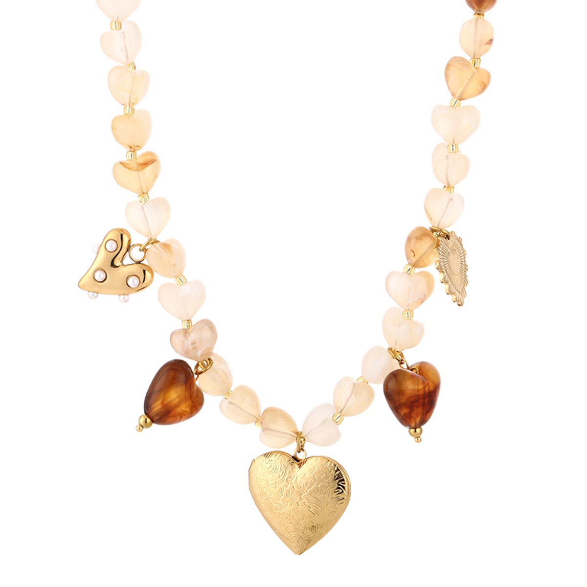 Beaded Heart Charm Chain Necklace – Luxe Kralen Ketting met Bedels – RVS - Beige