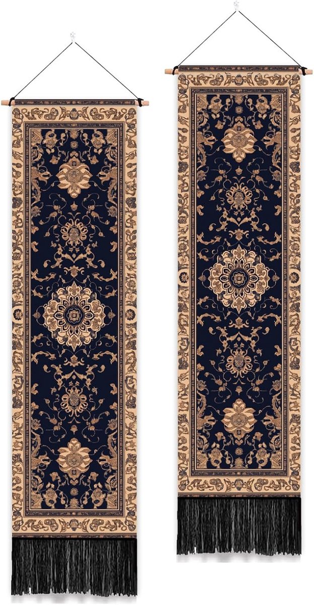 Wandkleden 130 x 33 cm - retro boho bloementapijt - met kwastjes - sfeervolle woondecoratie - m-winkel