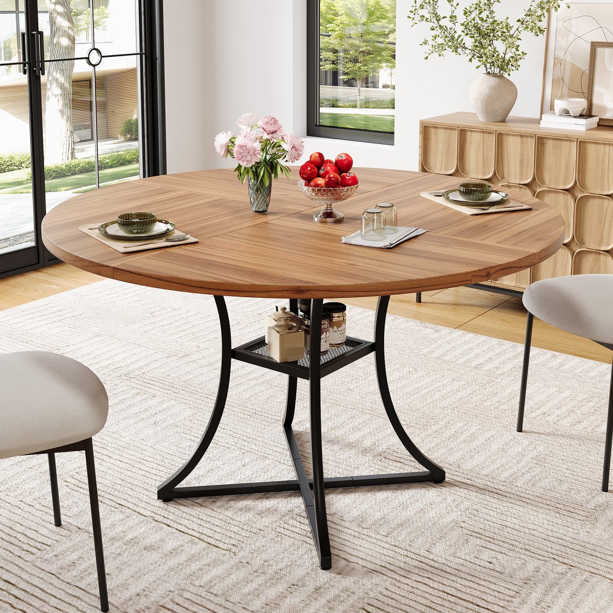 Pugsdrly Ronde eettafel van 100 cm voor 4–6 personen, MDF-tafelblad in walnootlook, stevig zwart metalen onderstel met X-design, geïntegreerd opbergvlak, keukentafel voor eetkamer en woonkamer.