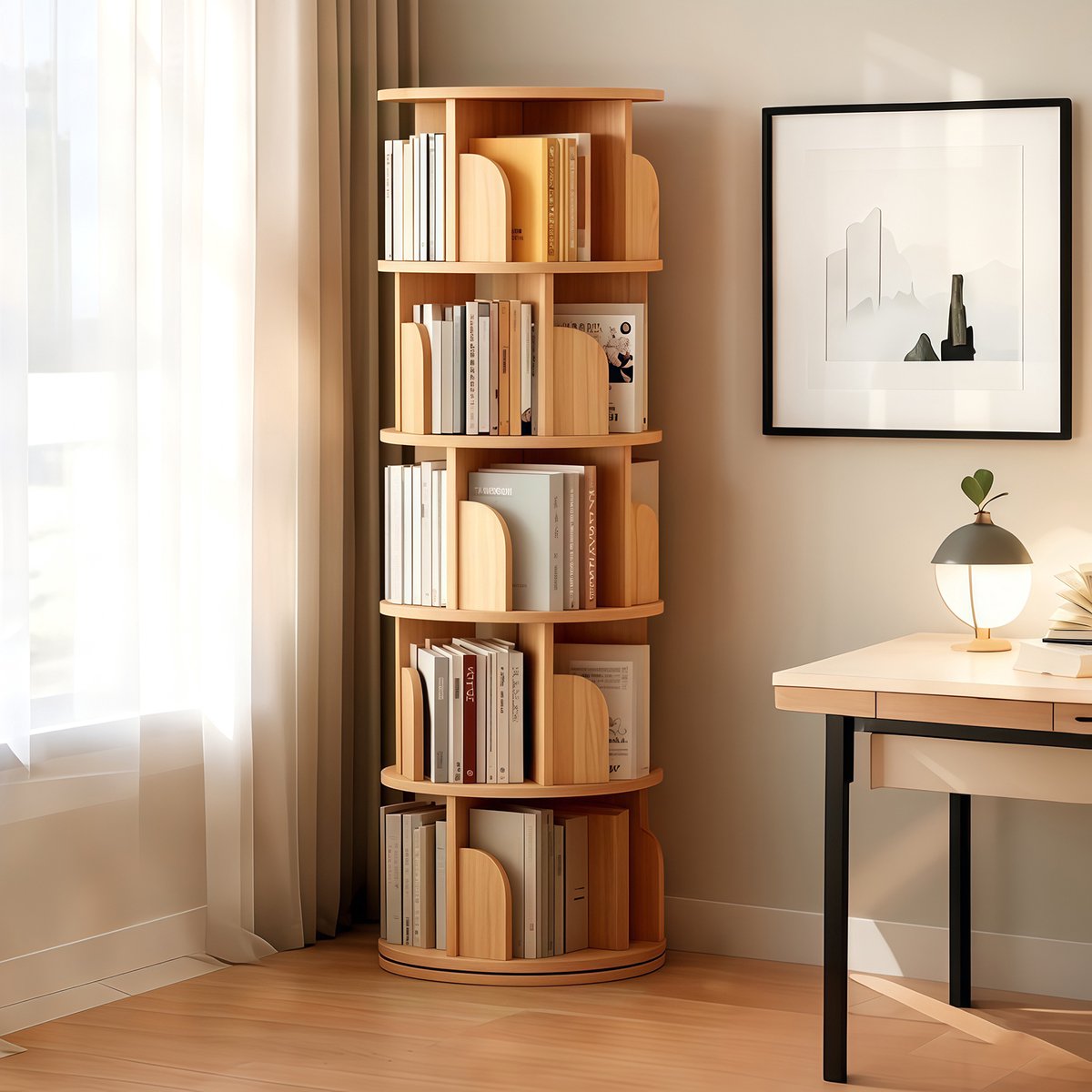 Pugsdrly 5 Draaibare boekenkast, 360° draaibare boekenkast, ruimtebesparend, draaibare boekenkast voor kleine ruimtes, ideaal voor de slaapkamer, woonkamer, thuis of op kantoor, houtkleur