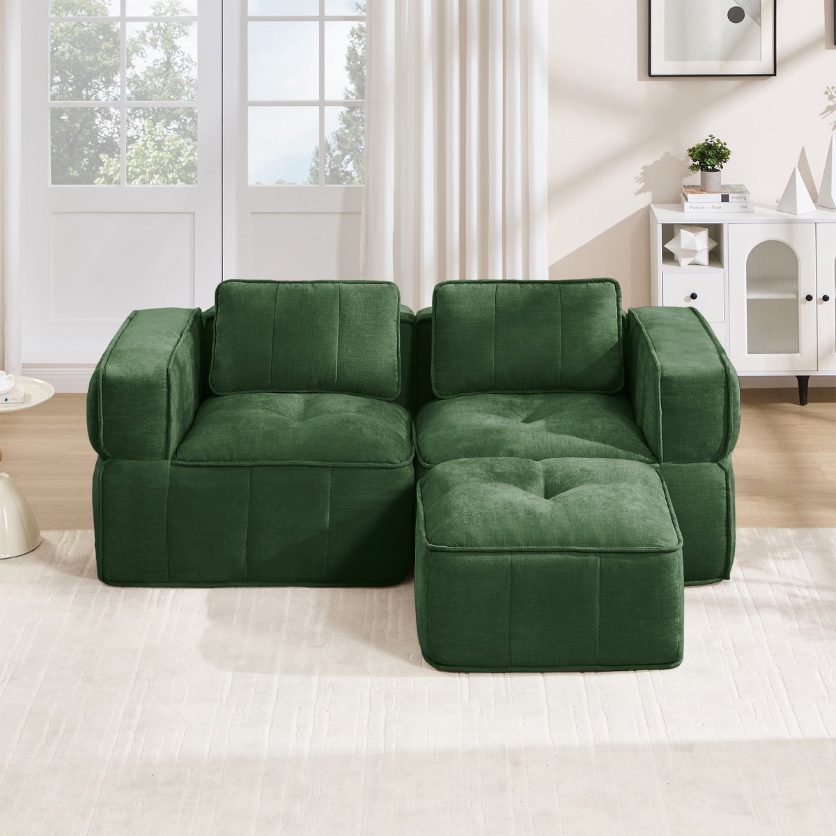 Pugsdrly L-vormige modulaire tweezitsbank zonder frame met poef, 32D-schuim met hoge dichtheid, diepe zitting, huidvriendelijke stof, antislip, voor de woonkamer en appartementen, groen.