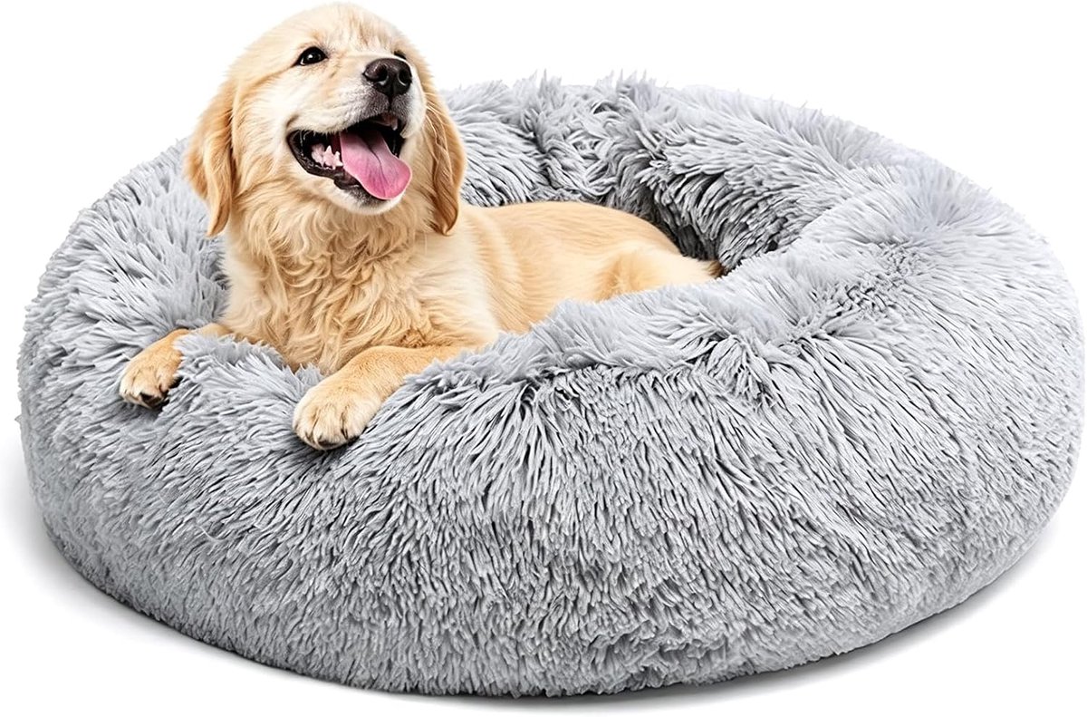 wollig, hondenkussen, rond, huisdierbed, donut, kattenbed, wasbaar, met antislip bodem, voor grote, middelgrote en kleine honden, 60 cm, lichtgrijs
