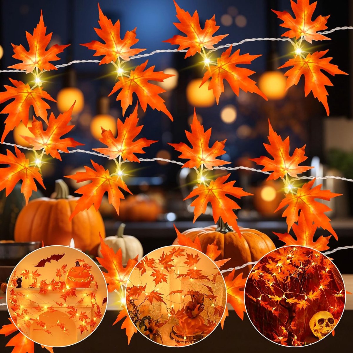 Herfstdecoratie, lichtketting, 3 m, 20 leds, esdoornbladeren, lichtketting, werkt op batterijen, met timer, kunstesdoornblad, herfstslinger voor Halloween, herfst, pompoen, oogstfeest