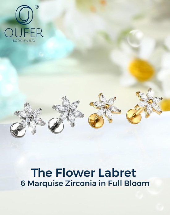 16G bloem helix ring goud binnendraad conch piercing ring titanium G23 lippiercing helder CZ kraakbeen oorpiercing 6/8 mm helix tragus piercing lichaamspiercing — afbeelding 5