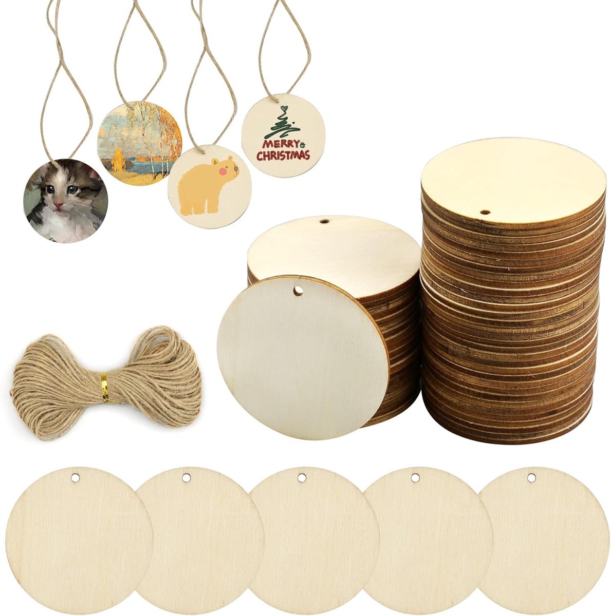 Pakket van 50 houten schijven van 5 cm Houten hangers voor schilderen Houten hangers voor knutselen Ronde houten stukken met gat voor DIY knutselen Schilderen Huwelijks- en kerstdecoraties