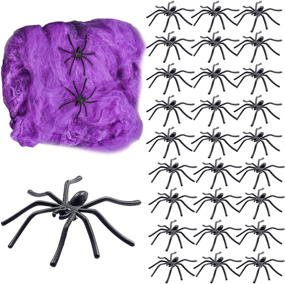 Halloween-spinnenweb, zigzagspinnen en spinnen, Halloween-decoratie, 80 g, paars spinnenweb en 30 stuks zwarte spinnen, kunstmatige spinnen, horrordecoratie, Paars, CM