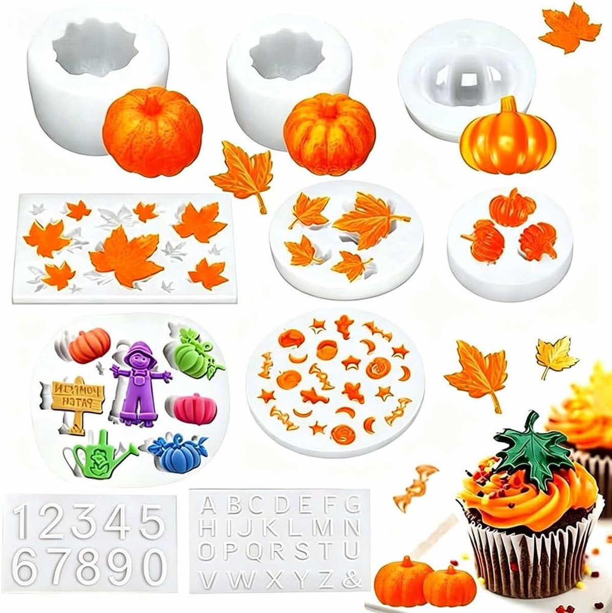 8 stuks pompoen siliconen gietvormen, 3D mal kaarsen, epoxyvorm, esdoornblad hars vormen, voor herfst, Halloween, Thanksgiving
