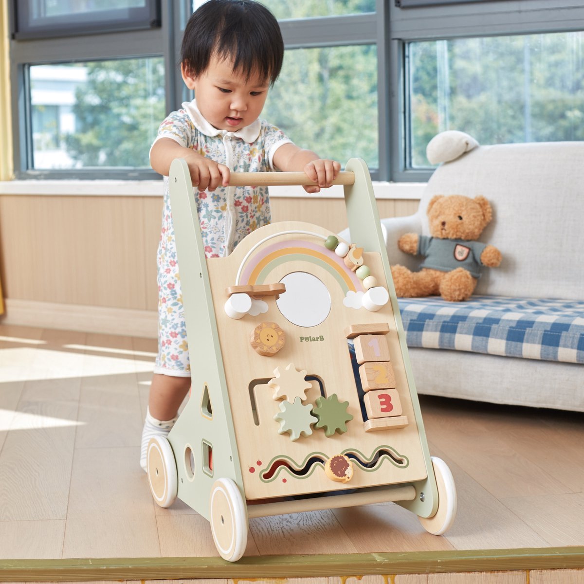 PolarB Houten Loopwagen Groen – Baby Walker met speelfunctie (12+ mnd) – Looptrainer met Opbergruimte - Snel leren lopen - Anti slipbanden – foto 6