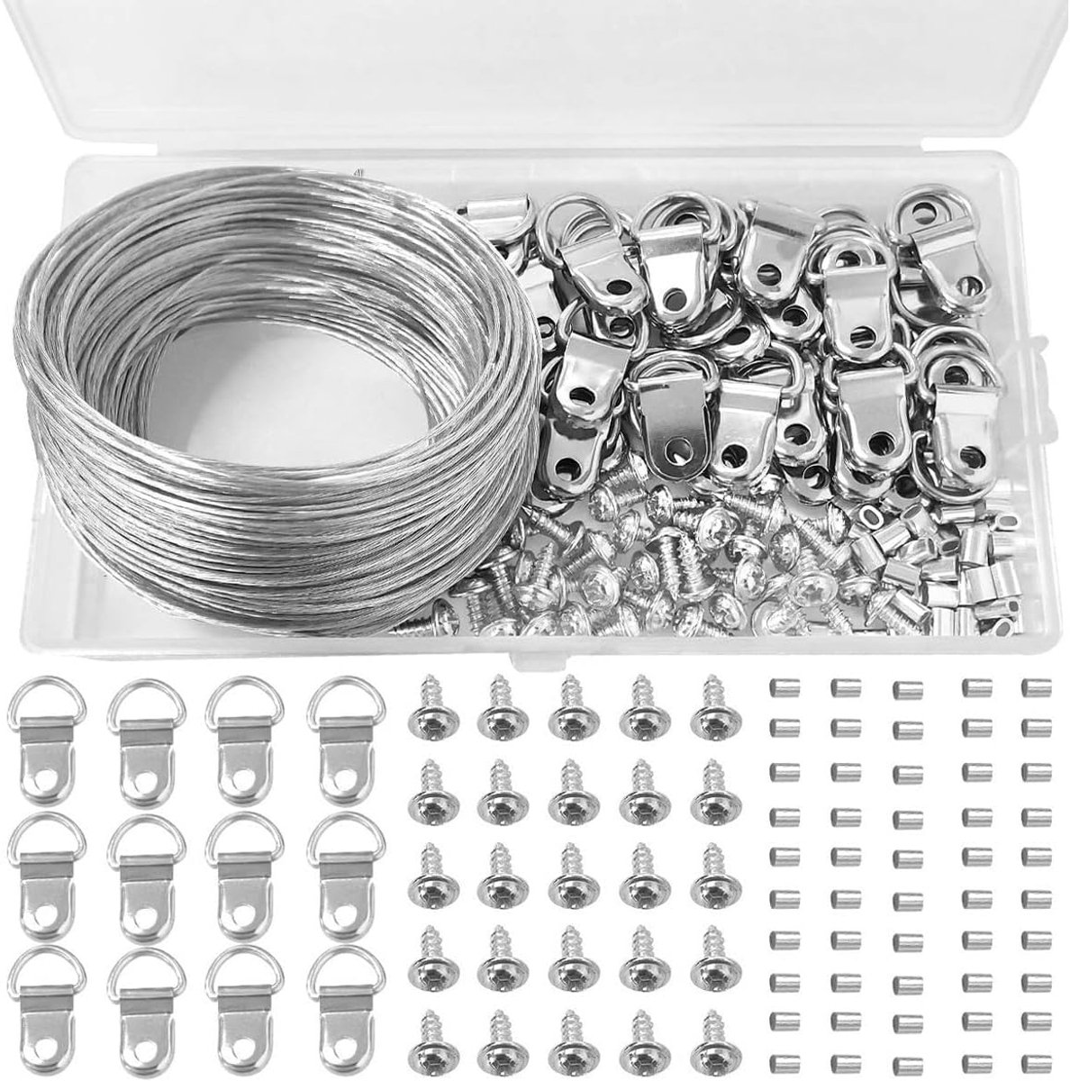 Set van 131 ijzerdraden en D-vormige haken voor fotolijsten, bevat 130 bevestigingen, 30 m ophangdraad en accessoires in een kunststof doos