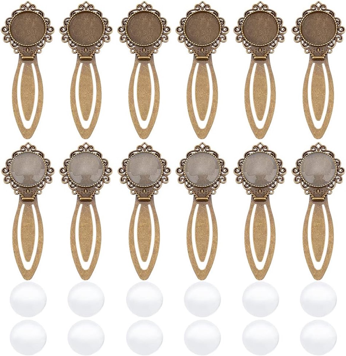 24 stuks antieke bronzen bladwijzer hanger lade kit, inclusief 12 stuks Tibetaanse stijl bladwijzer cabochon instellingen 12 stuks koepel transparant glas cabochons voor lezen cadeau knutselen