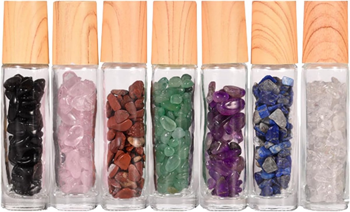 flesjes voor etherische oliën, 10 ml, 7 roll-on parfumflessen, glazen flessen met kristallen, rollerflessen voor aromatherapie, etherische oliën en cosmetica