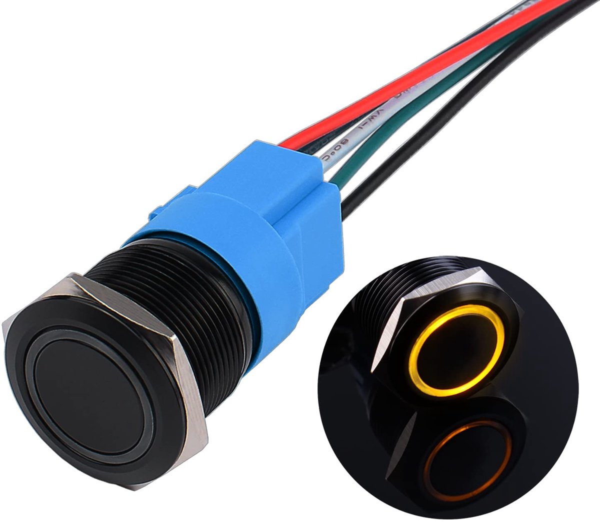 Drukknopschakelaar, 22 mm, 12 V tot 24 V, 5 A, IP66, 1NO 1NC, zwarte drukschakelaar van zwart metaal met waterdichte snapshot, voorbekabeld met LED verlicht (geel)