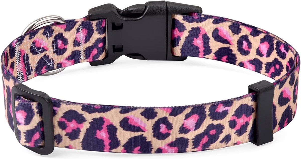 Zachte hondenhalsband in etnische stijl, verstelbaar, voor kleine, middelgrote of grote honden, met Boheemse, bloemen, tribal, geometrische patronen (roze luipaard, M)