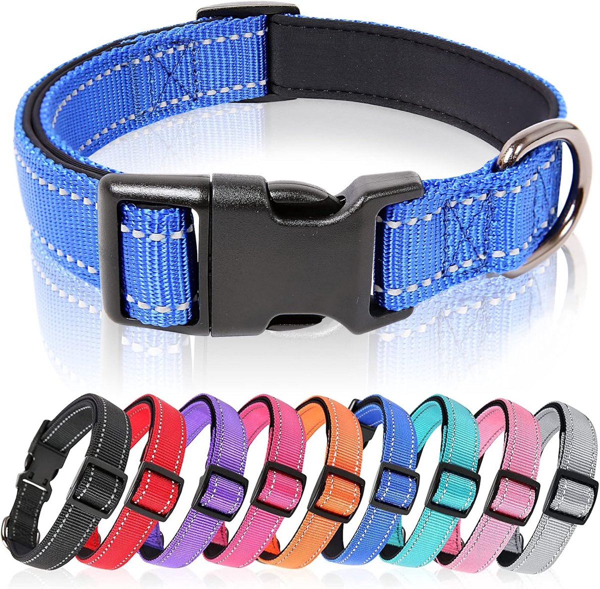 Hondenhalsband, Reflecterende Halsband, Gevoerde, Ademende, Zachte Neopreen Nylon Halsband, Verstelbaar voor Kleine Middelgrote Grote Honden, Koningsblauw, S
