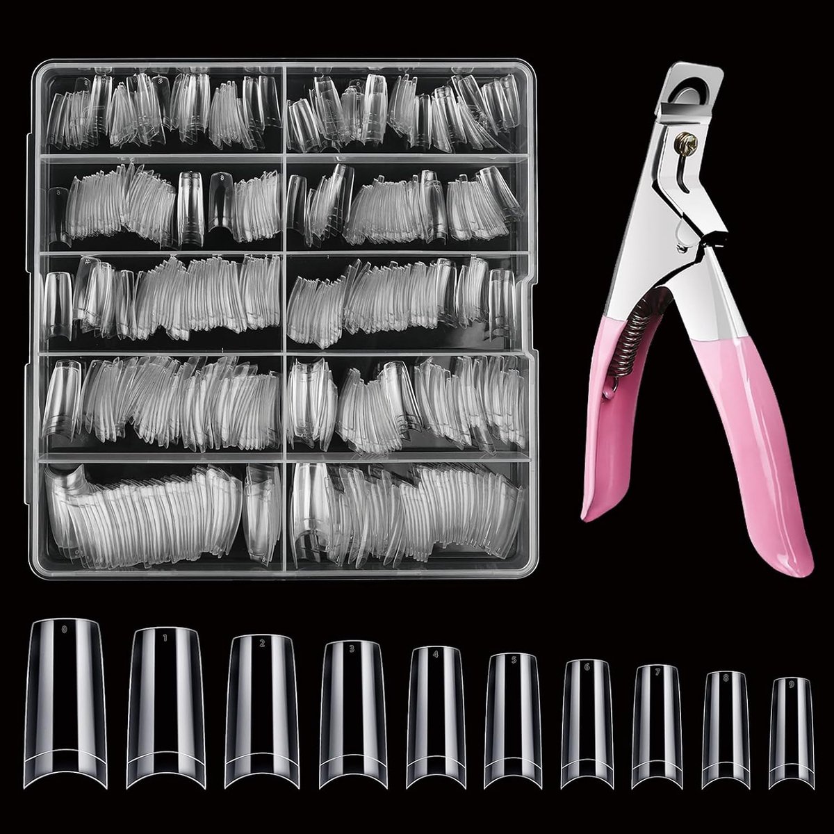 Nageltips voor gelnagels, 500 stuks, nageltips met nagelknipper 10 maten, acryl kunstnagels, nagelknipper gelnagels, als set met doos (transparant)