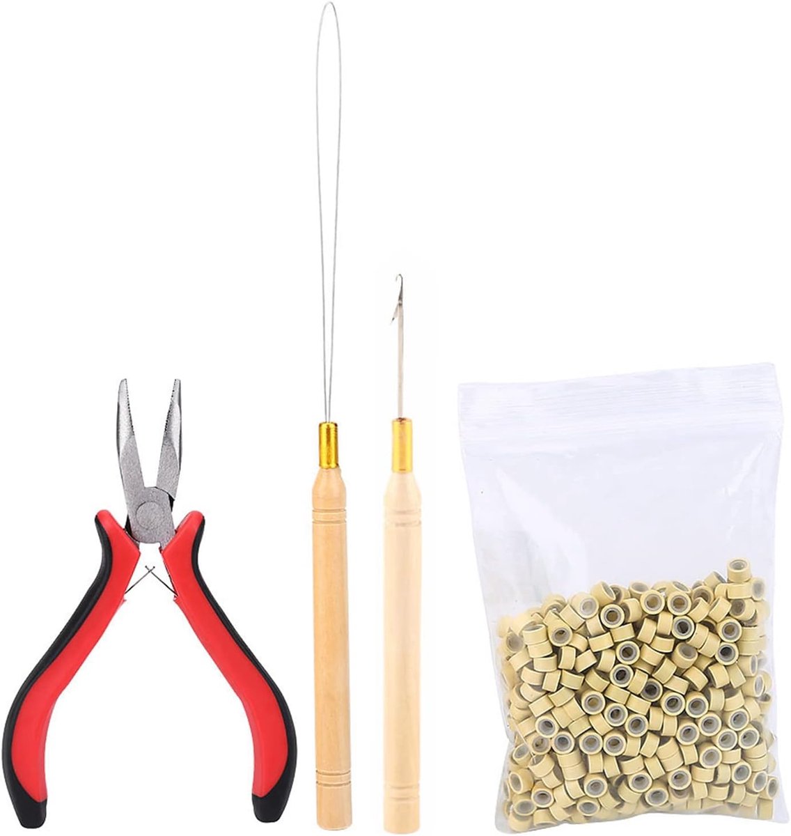 Haarextensieset, clips, haaknaald, tip met 500 stuks micro-ringen, haarverlenging, accessoires (beige)