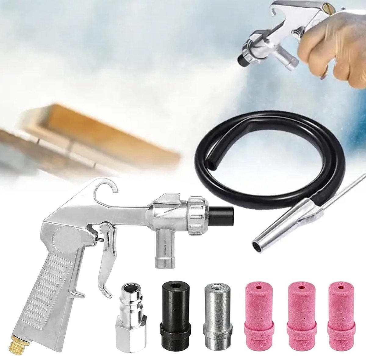 Zandstralers met Mondstukken en 1m Rubber Slang, Zandstraler Lucht Sifon Toevoer Straalpistool, Zandstraalpistool Perslucht Set voor Zandstraalapparaat voor Professionele en
