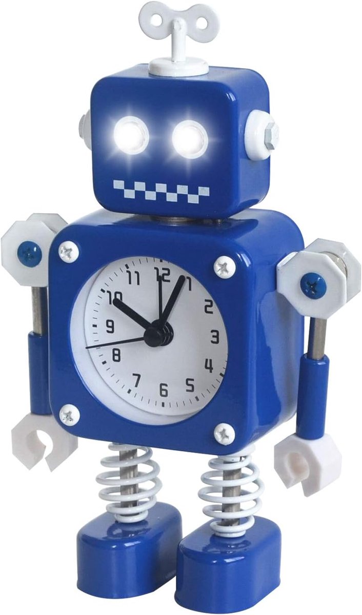 Robot Wekker, Roestvrij Metaal Niet-tikkende Slaapkamer Klok met Knipperend Oog en Roterende Arm, Cadeau voor Kinderen (Blauw)