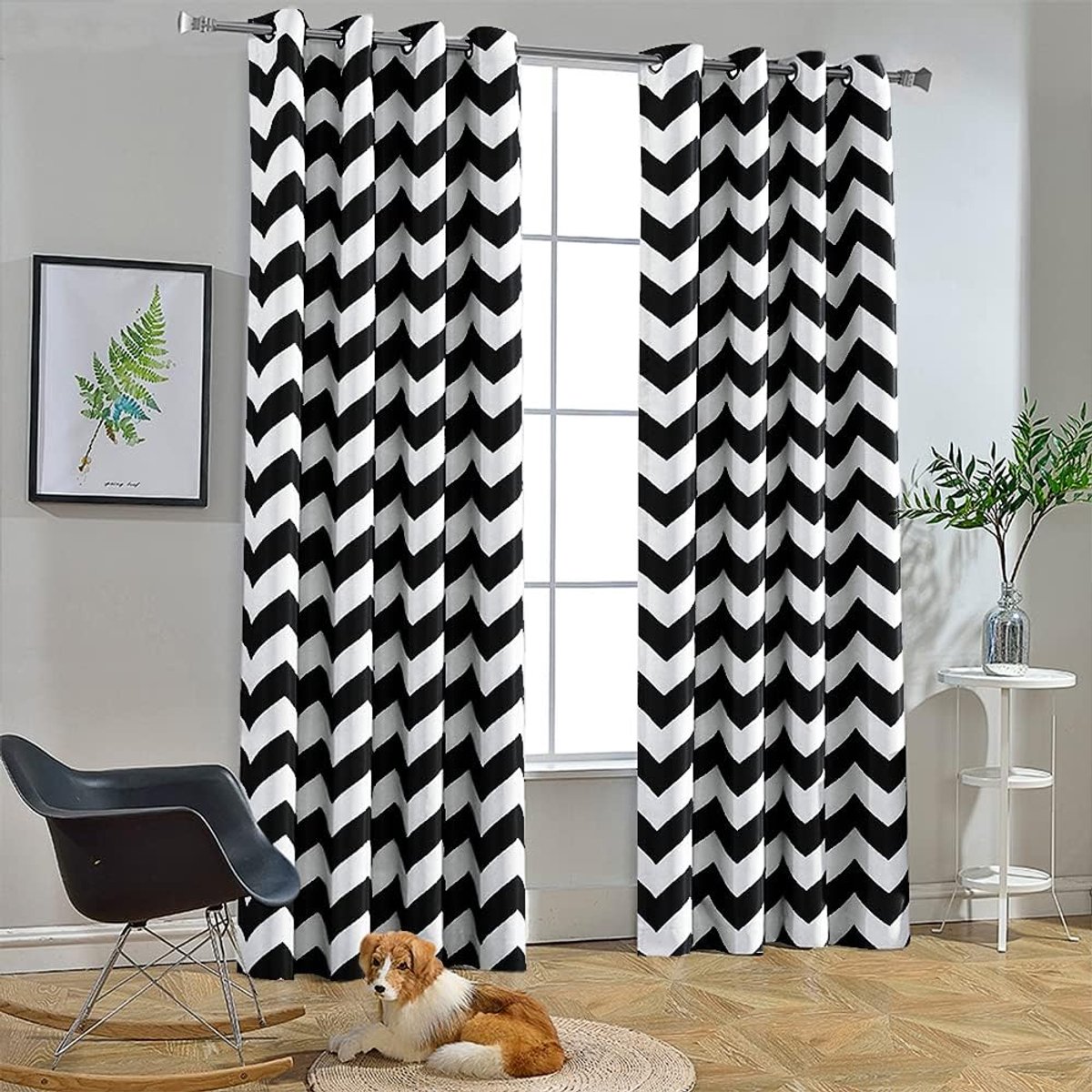 Modieuze chevron-gordijnen voor woonkamer eetkamer, verduisterende doorvoertules bovenraamgordijnen, geluiddicht, thermisch geïsoleerd voor slaapkamer, 160 cm lang, 132 bij 160 cm, zwart en