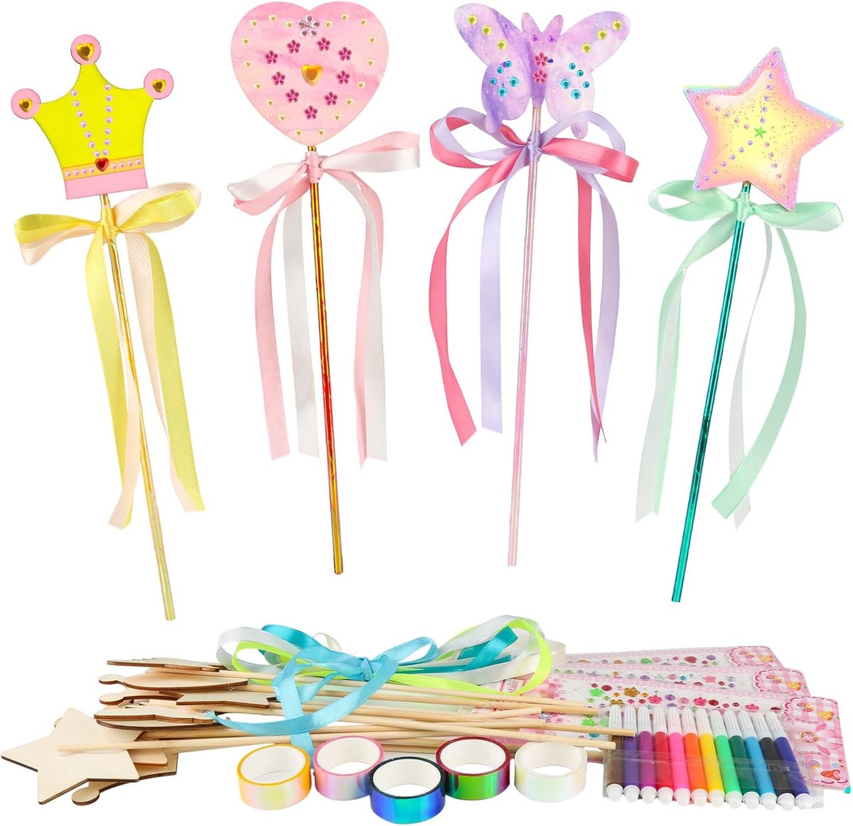 Doe-het-zelf toverstafset, 14 stuks houten toverstaf met 3 stickers, 5 rollen plakband, 12 kleuren aquarelstiften, 14 linten, toverstaf glitter voor doe-het-zelf knutselen,