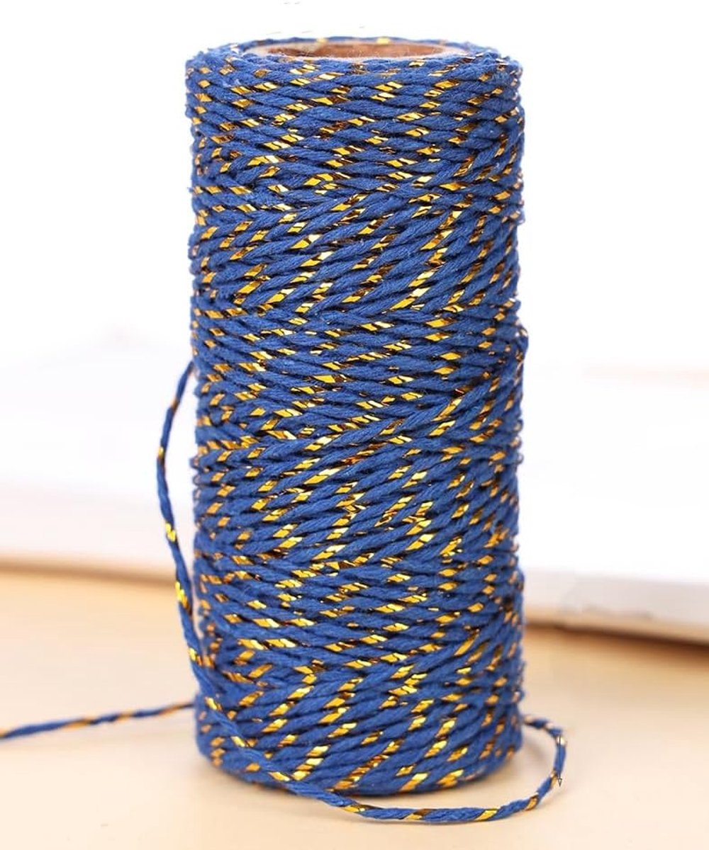 50 m blauw goud bindgaren, 1,5 mm bakkersbindgaren, katoen, handwerk, knutselkoord, decoratief koord, katoenen koord, perfect voor doe-het-zelf handwerk, cadeauverpakking, kerstdecoratie