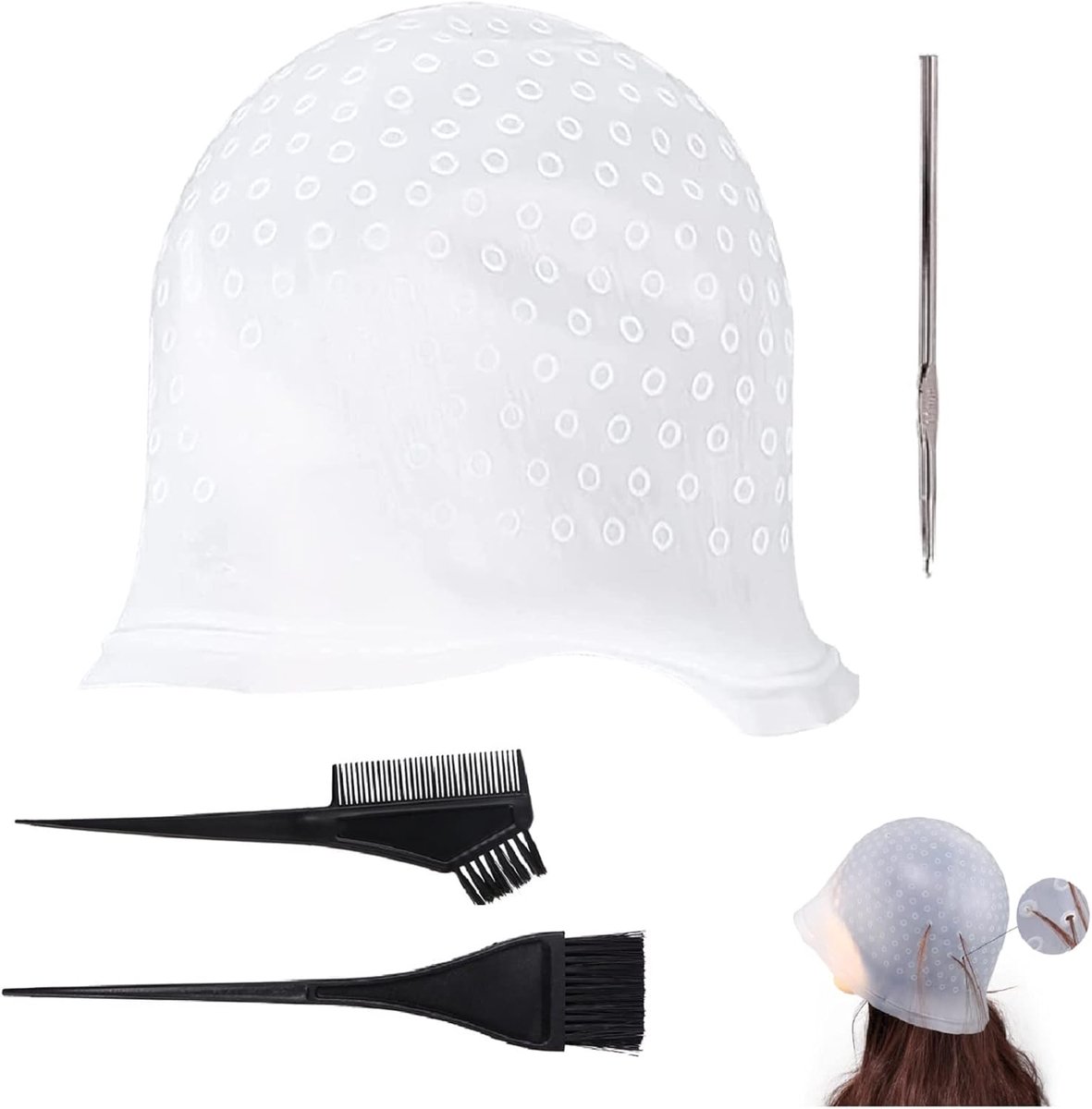 herbruikbaar, highlight-kapje, siliconen highlight-kapset, siliconen haarkap met haarhaak en haarverfkwast, voor vrouwen en meisjes