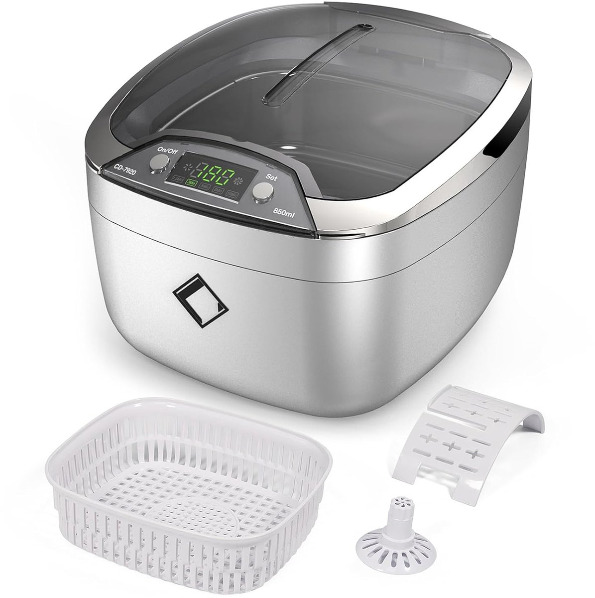 Ultrasoon reinigingsapparaat, ultrasoon apparaat, 850 ml, digitaal apparaat met ledverlichting, beugelreiniging, ultrasoon bad voor bril, cd's, dvd's, sieraden, horloges, zilver